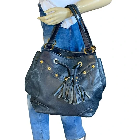 MCM BLUE LEATHER DRAWSTRING TOTE BAG WITH TASSEL & STUD DECORATIONS Totes